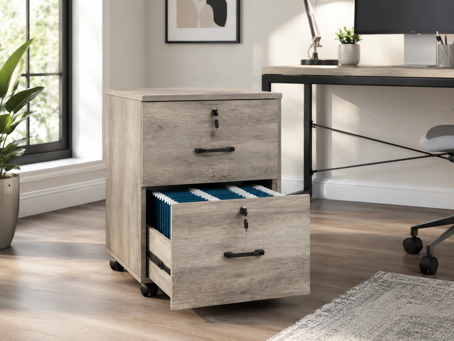 VINGLI 2-Drawer Wood File Cabinet with Lock, Rustic Gray