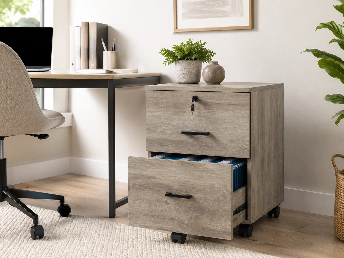 VINGLI 2-Drawer Wood File Cabinet with Lock, Rustic Gray