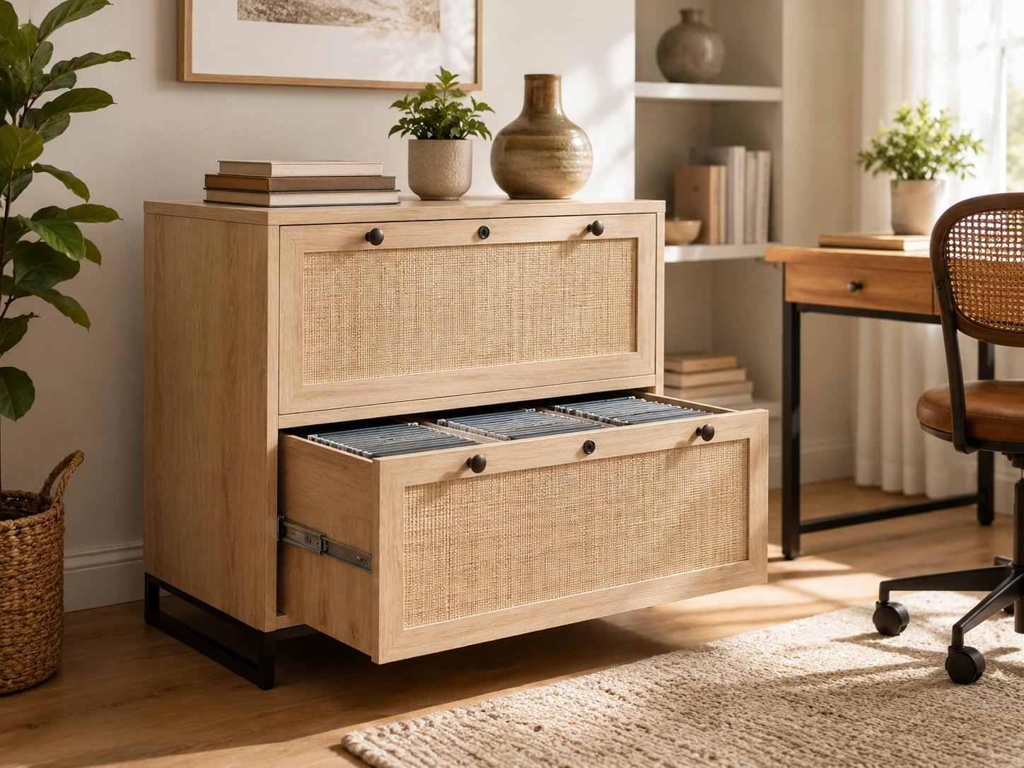 VINGLI 2-Drawer Rattan Lateral File Cabinet, Oak