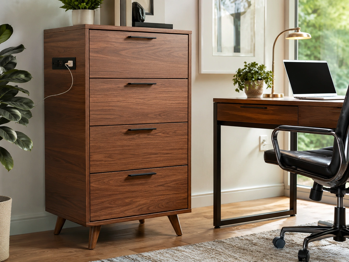 ModernMate 4-Drawer File Cabinet, Mid-Century Walnut with Power Strip