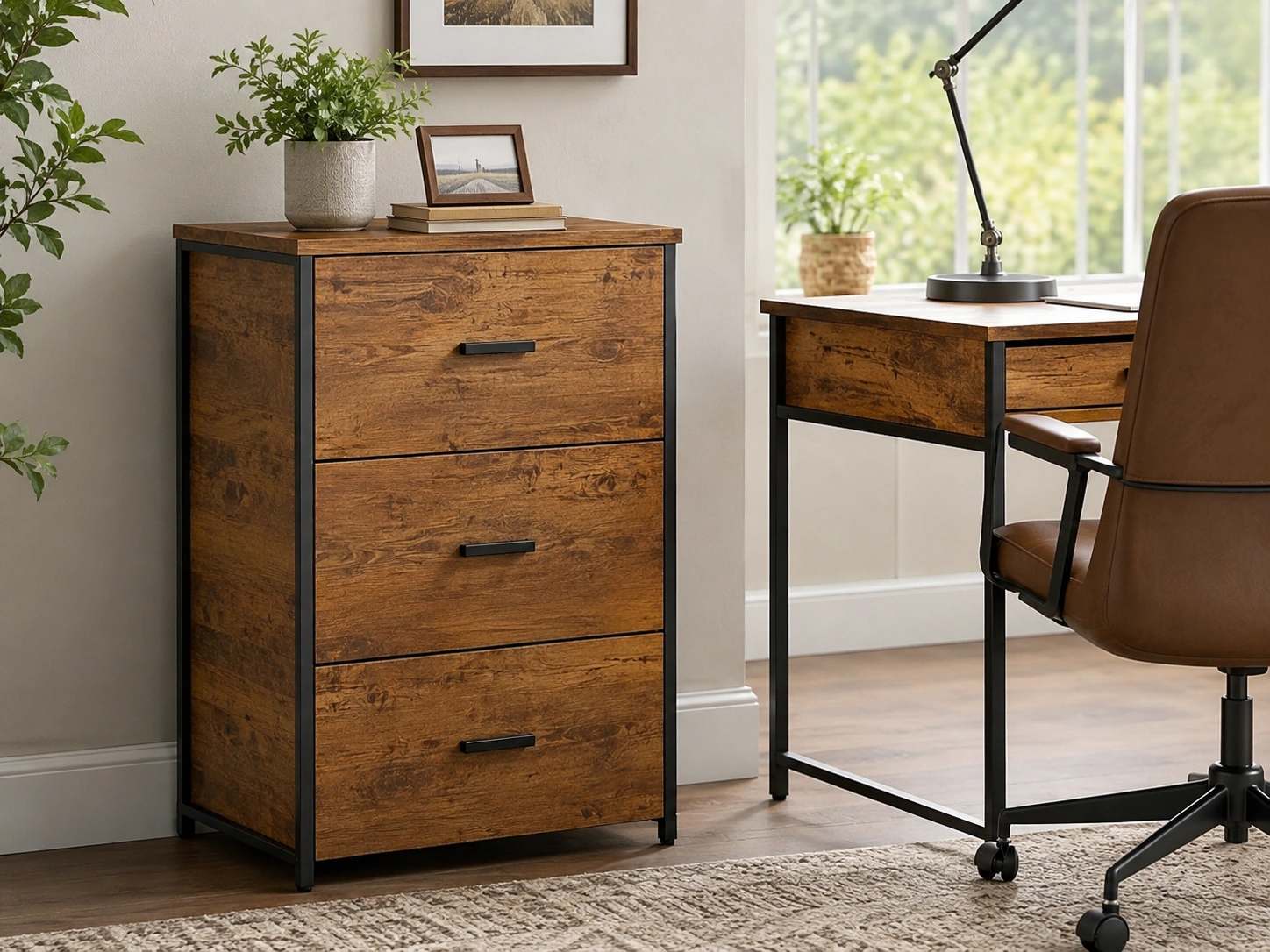 VASAGLE 3-Drawer File Cabinet, Farmhouse Style, Honey Brown and Black