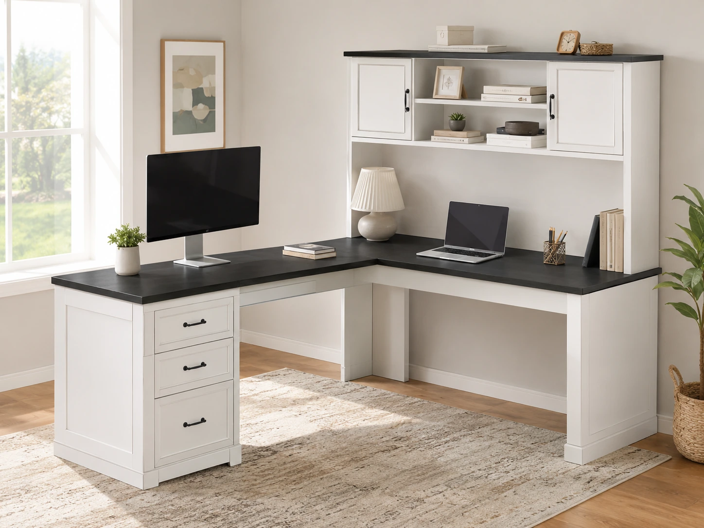 SEDETA Farmhouse L-Shaped Computer Desk with Hutch and 3 Drawers