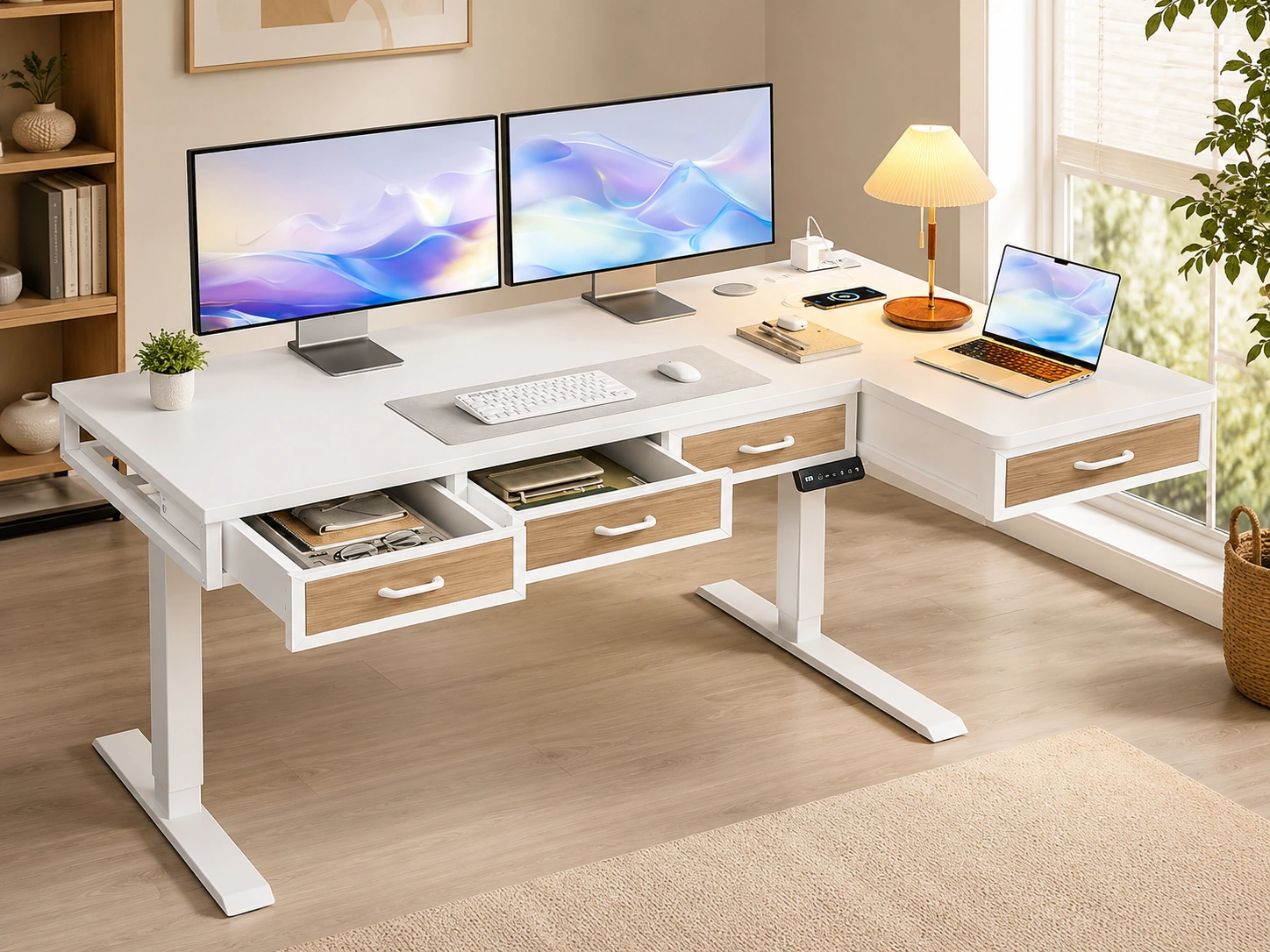 OffiGo 55" L-Shaped Electric Standing Desk with Wooden Drawers