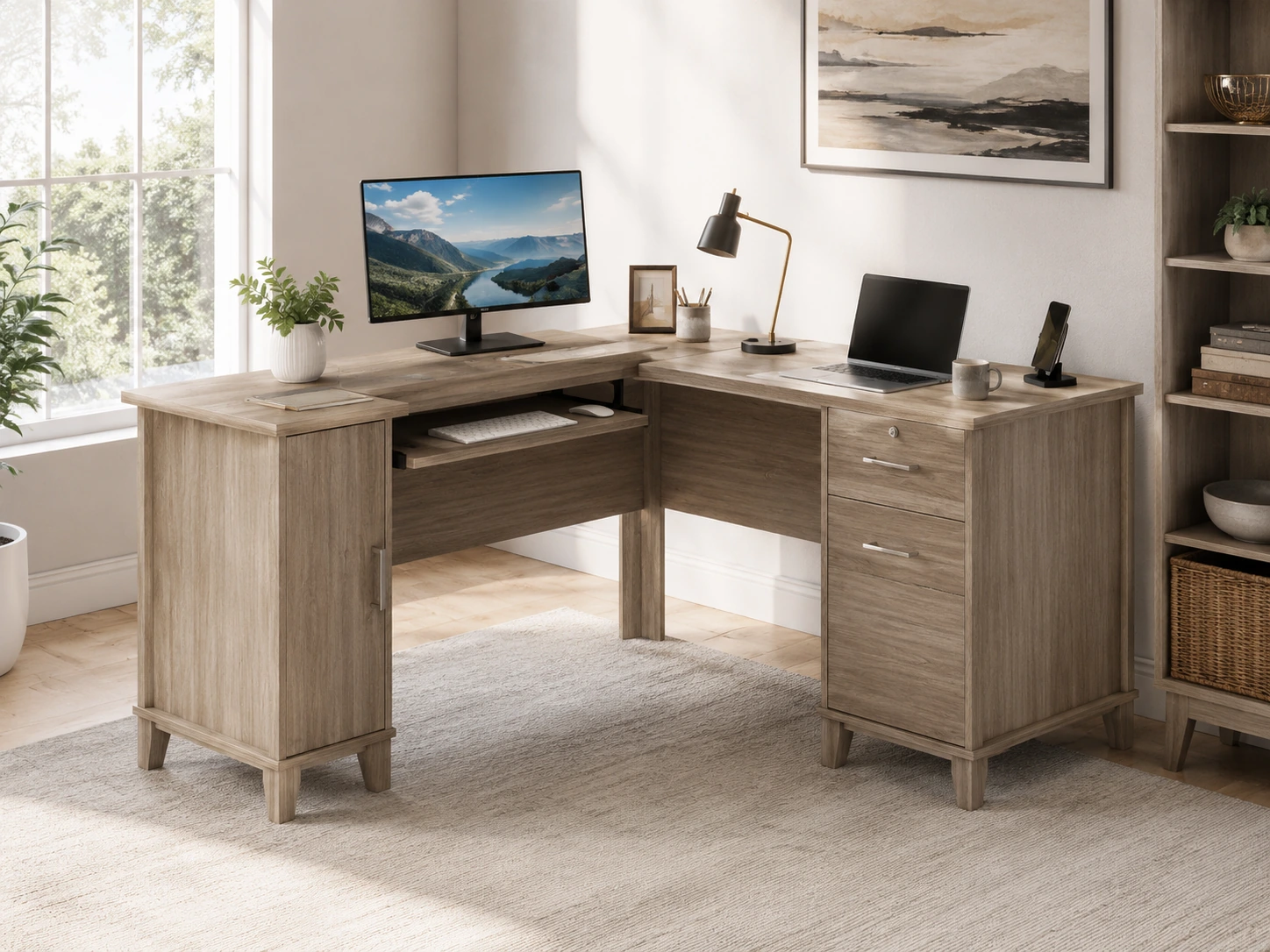 SEDETA L-Shaped Desk with 4 Drawers and Storage Shelves