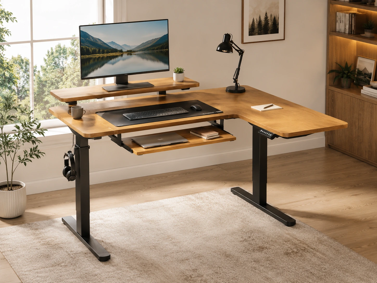 Bestier L-Shaped Desk with File Drawer, 55.7x55"
