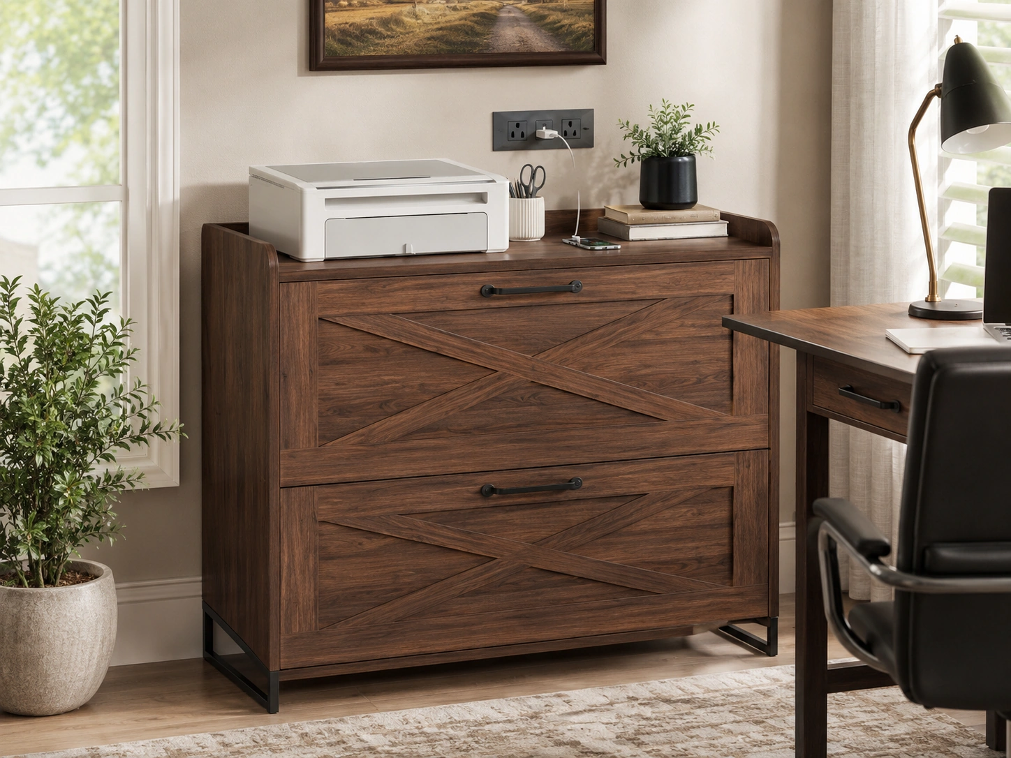 Halitaa 2-Drawer Lateral File Cabinet with Charging Station, Dark Walnut