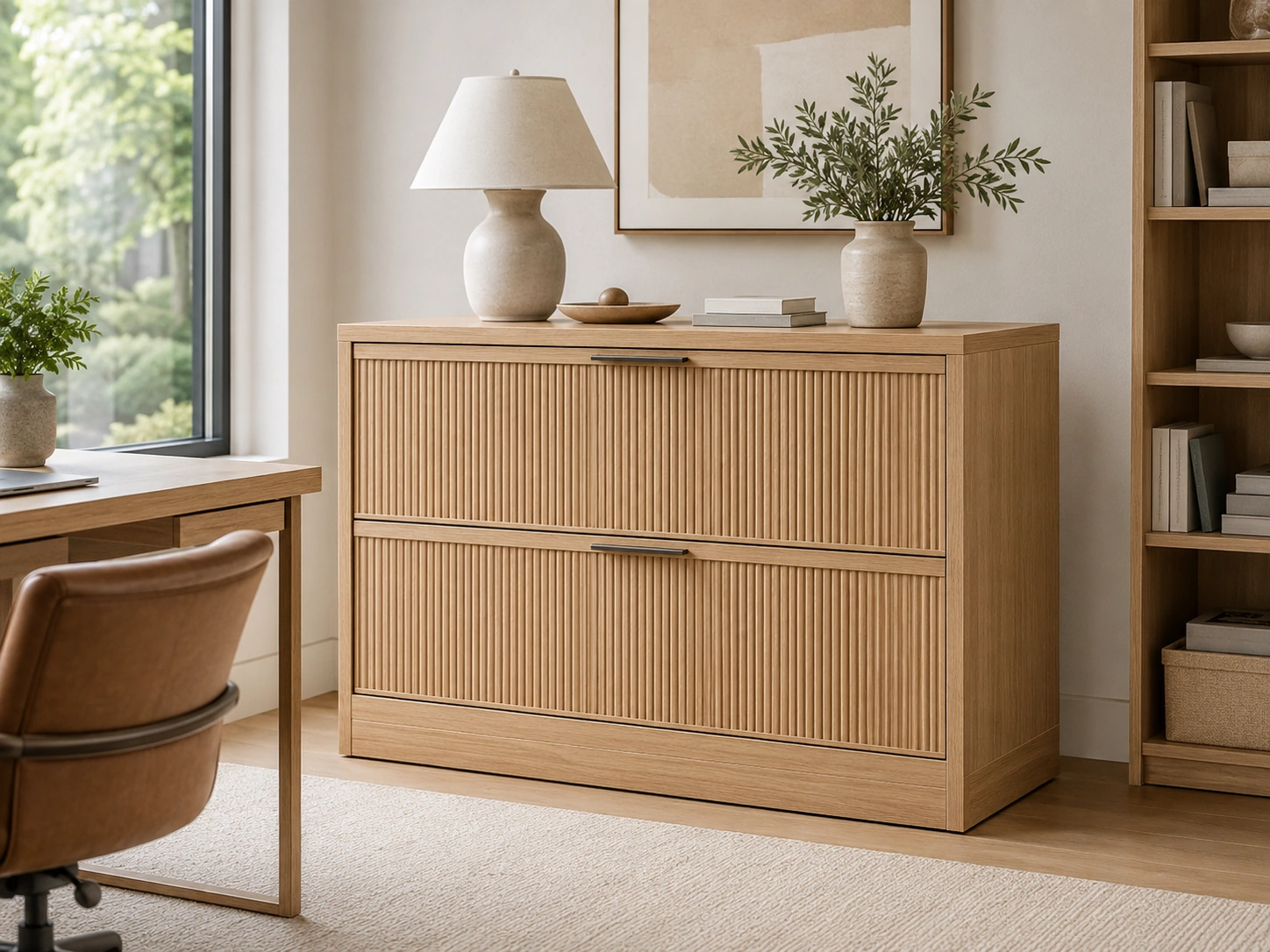 T4TREAM 2-Drawer Fluted Lateral File Cabinet, Natural Oak, Large Tabletop
