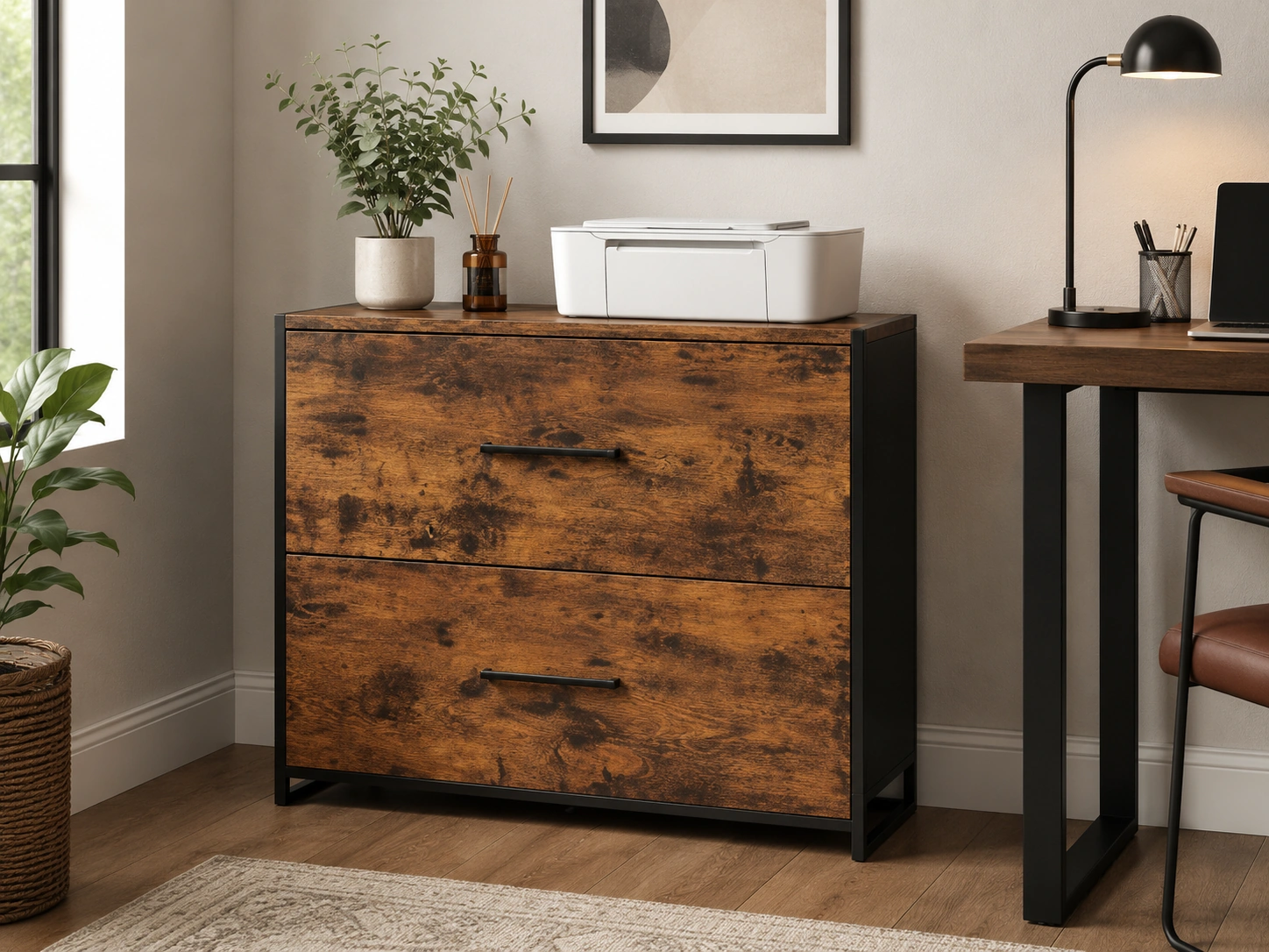VASAGLE Lateral File Cabinet, 2-Drawer, Rustic Brown and Ink Black