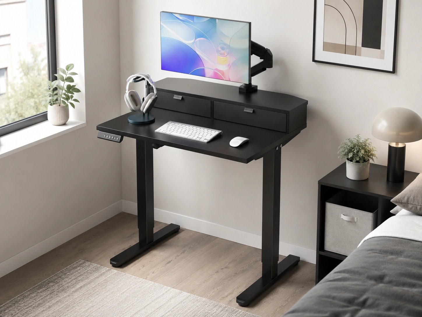 HUANUO 32 Inch Small Electric Standing Desk with 2 Drawers