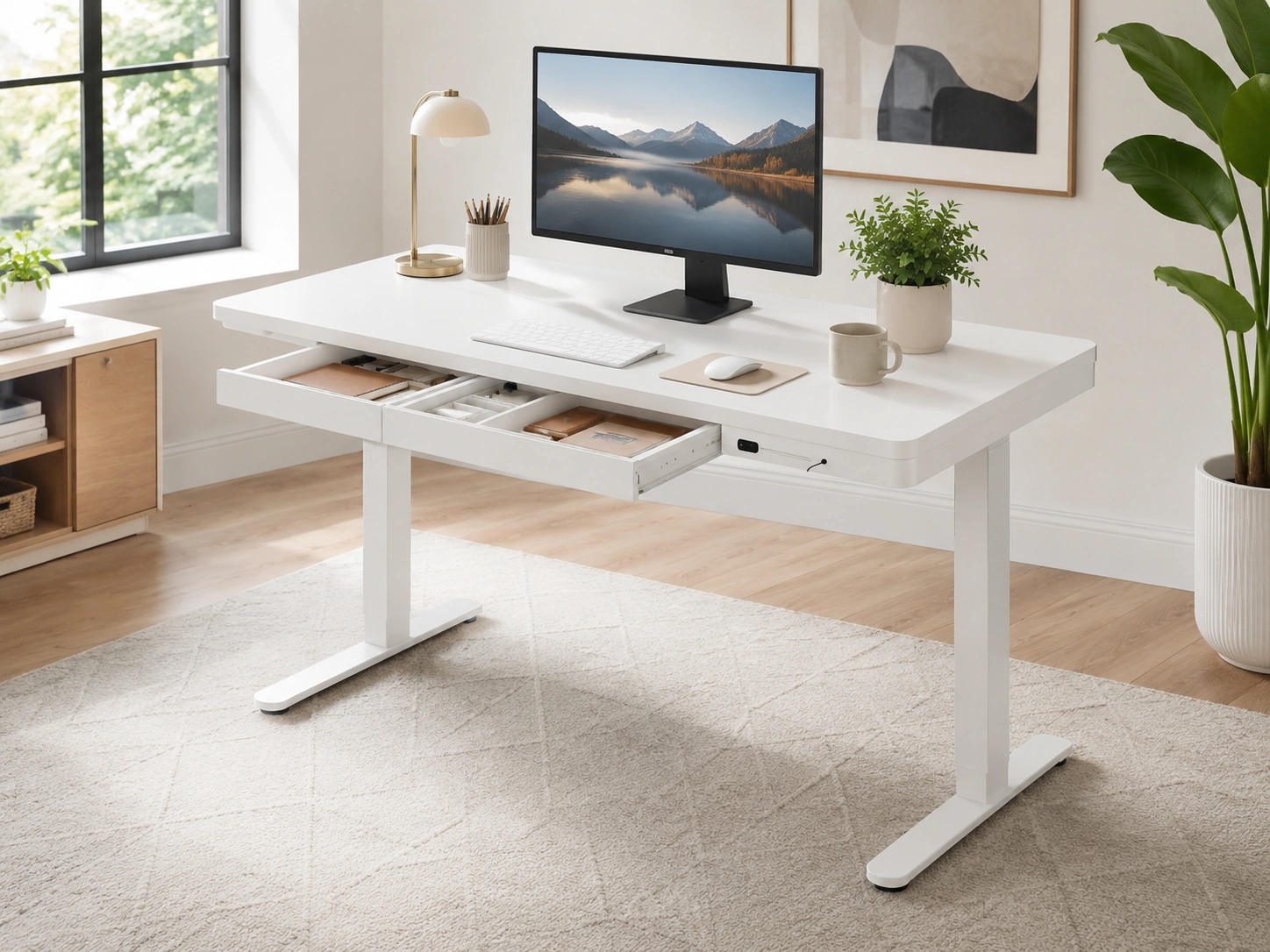 FlexiSpot Comhar Electric Standing Desk with Drawers, 48" (White/Maple)
