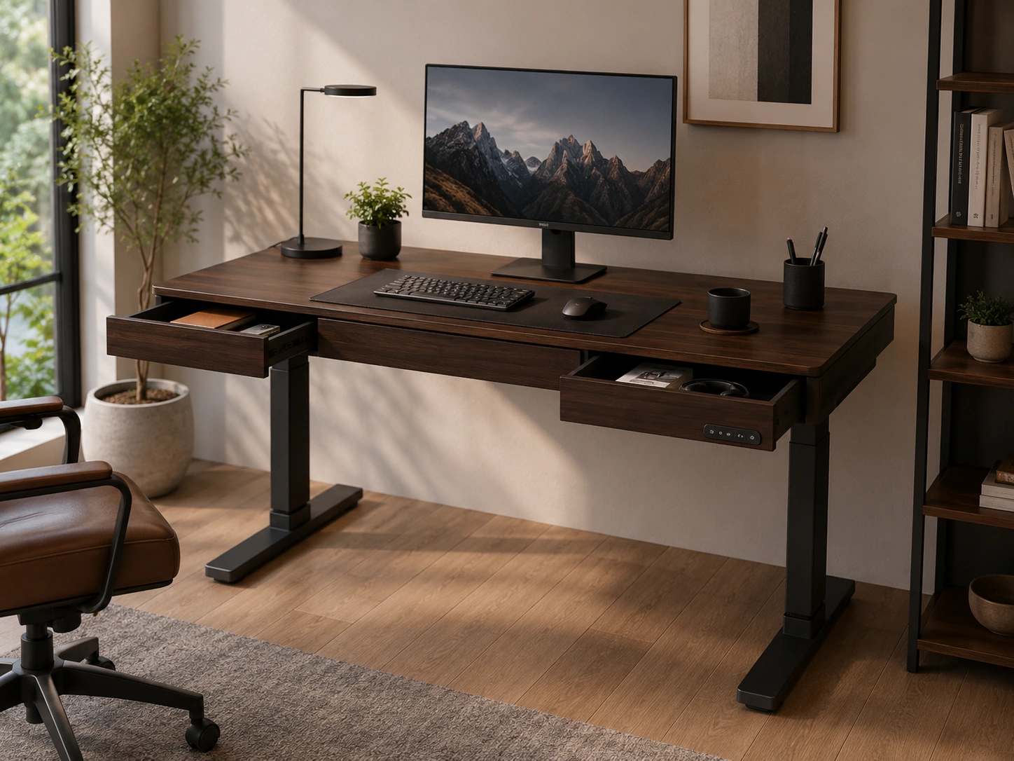 FlexiSpot Comhar Electric Standing Desk with Drawers, 48" (Dark Walnut/Black)