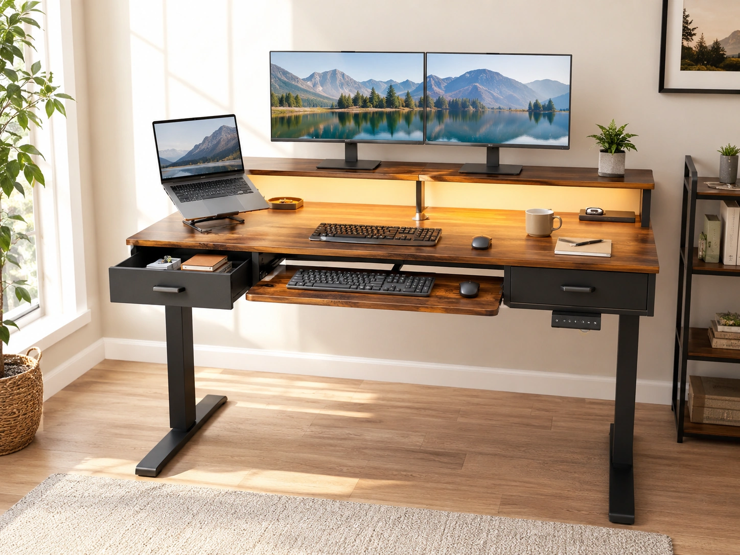 AODK Electric Standing Desk with Drawers and Keyboard Tray, 55"