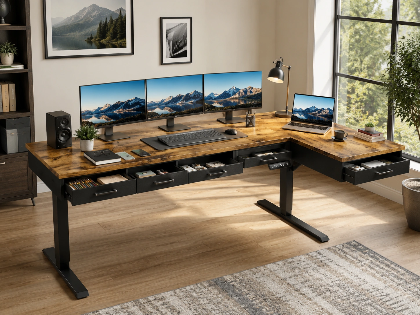 OffiGo 63 Inch L-Shaped Electric Standing Desk with Drawers