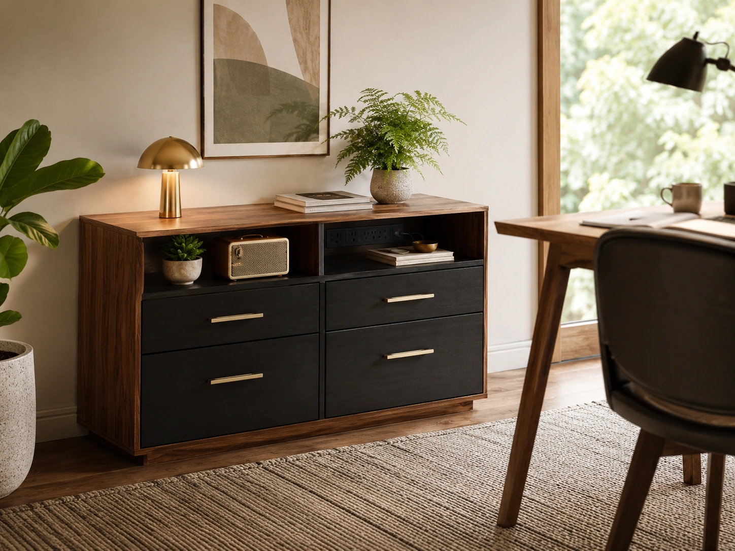 ModernMate 4-Drawer File Cabinet, Mid-Century Walnut with Power Strip