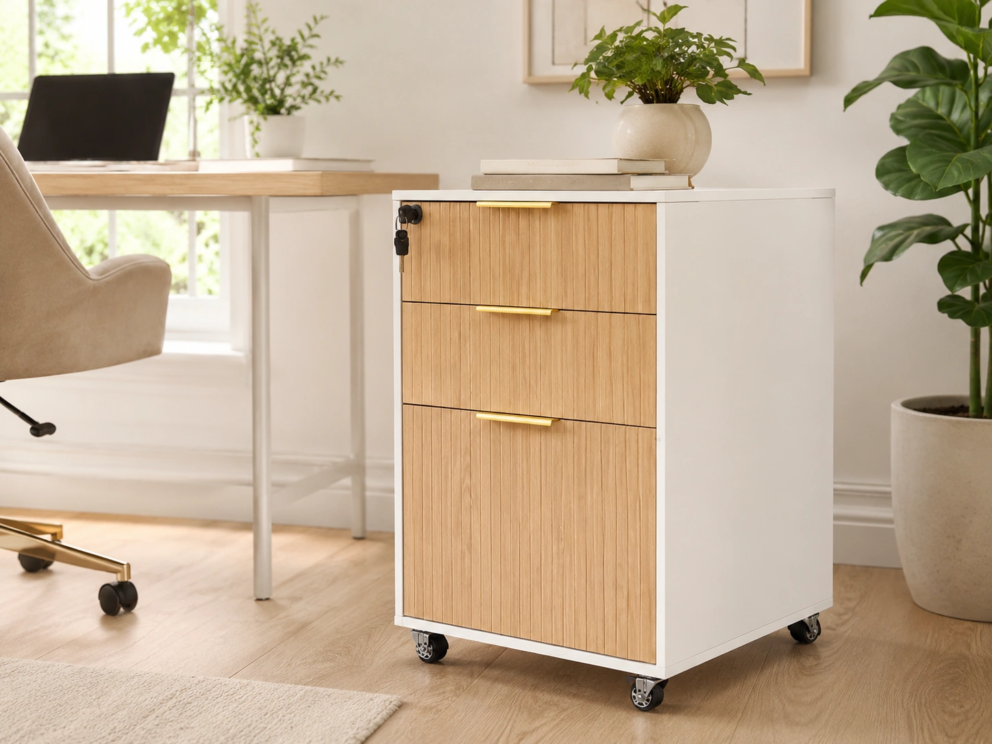 INNOD 3 Drawer Fluted Mobile File Cabinet, Oak