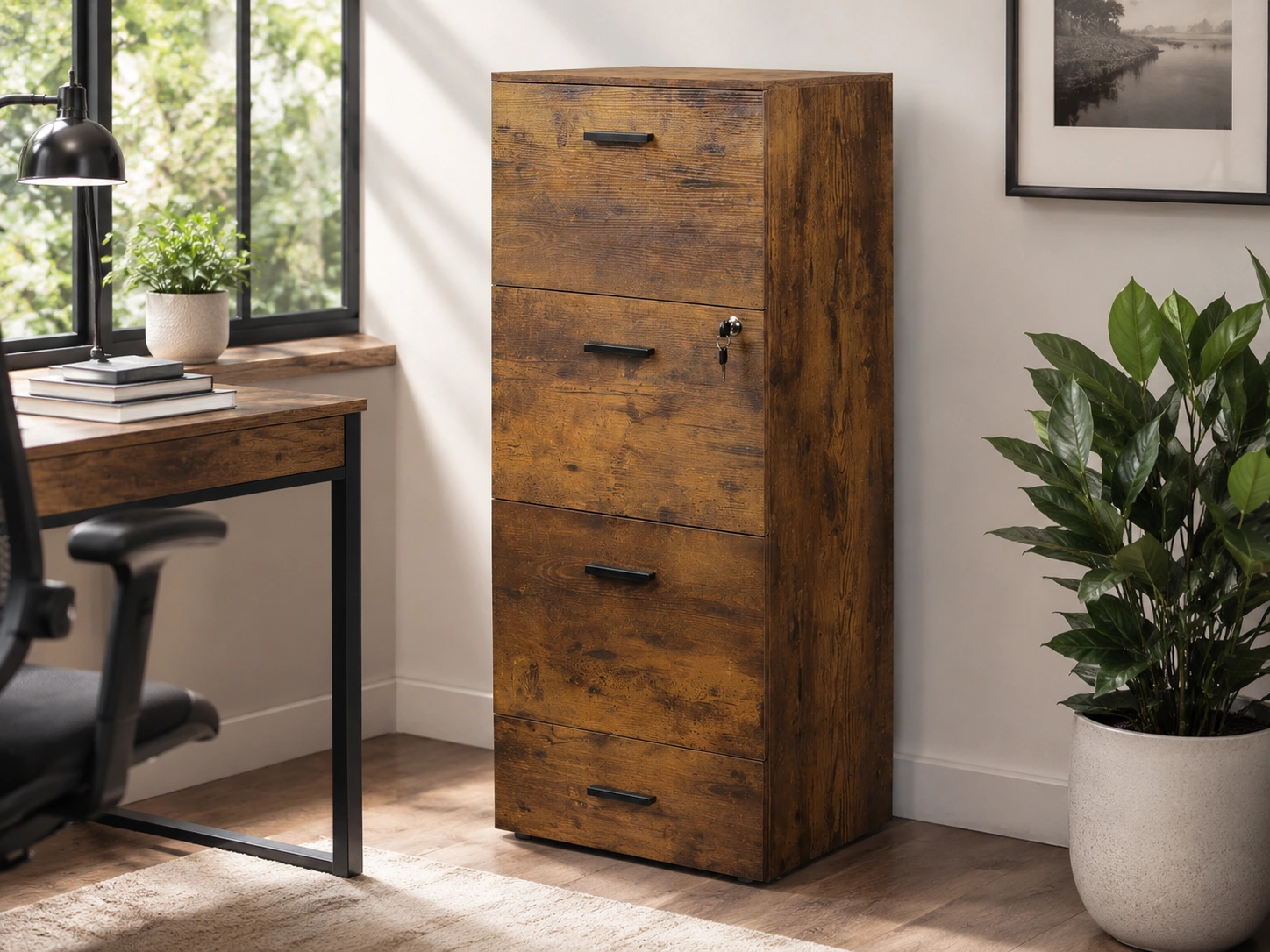 DEVAISE 4-Drawer Wood File Cabinet with Lock, Rustic Brown