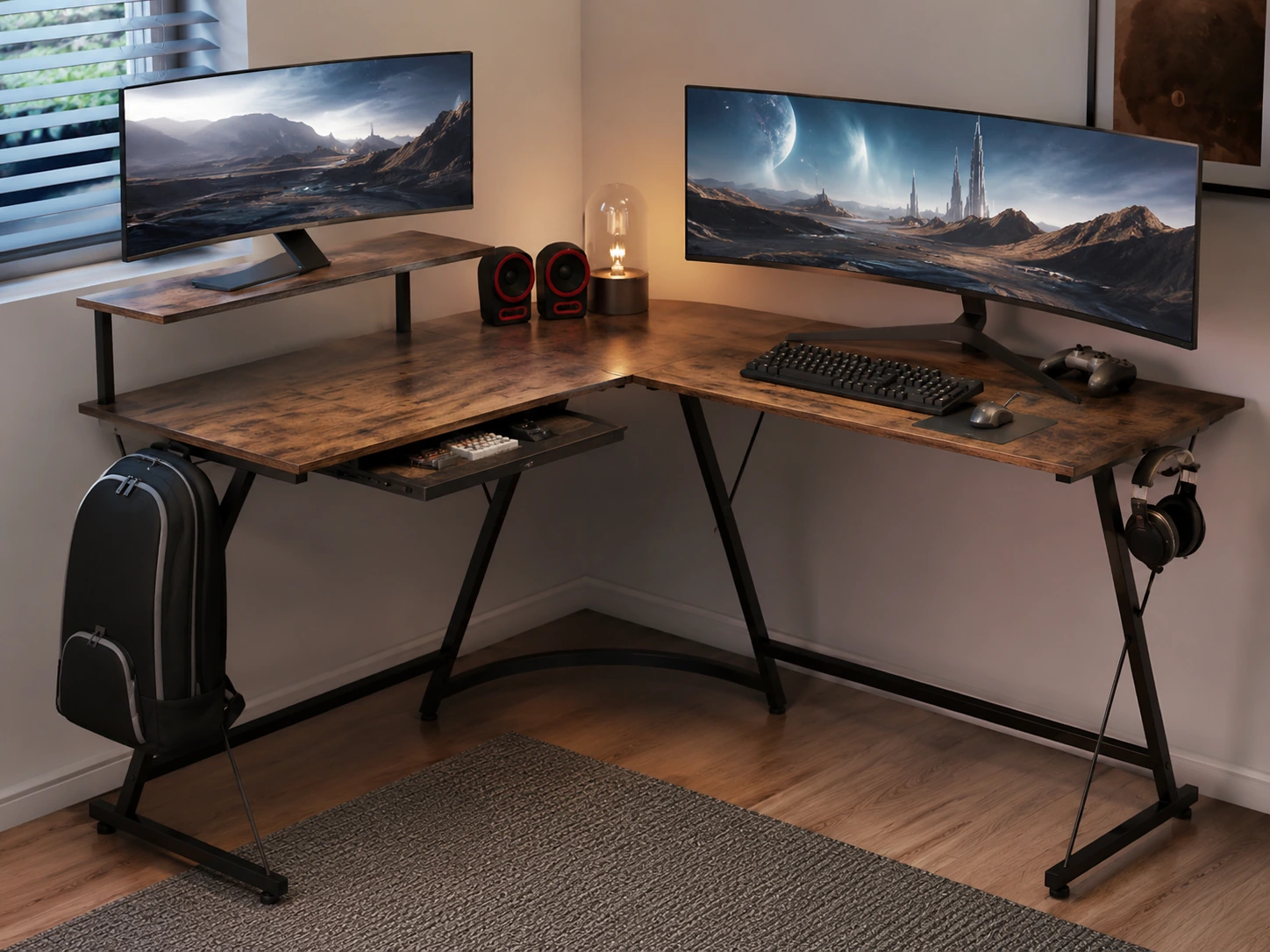 SEDETA L-Shaped Gaming Desk with Drawers, Hutch, Pegboard, LED and Power Outlet