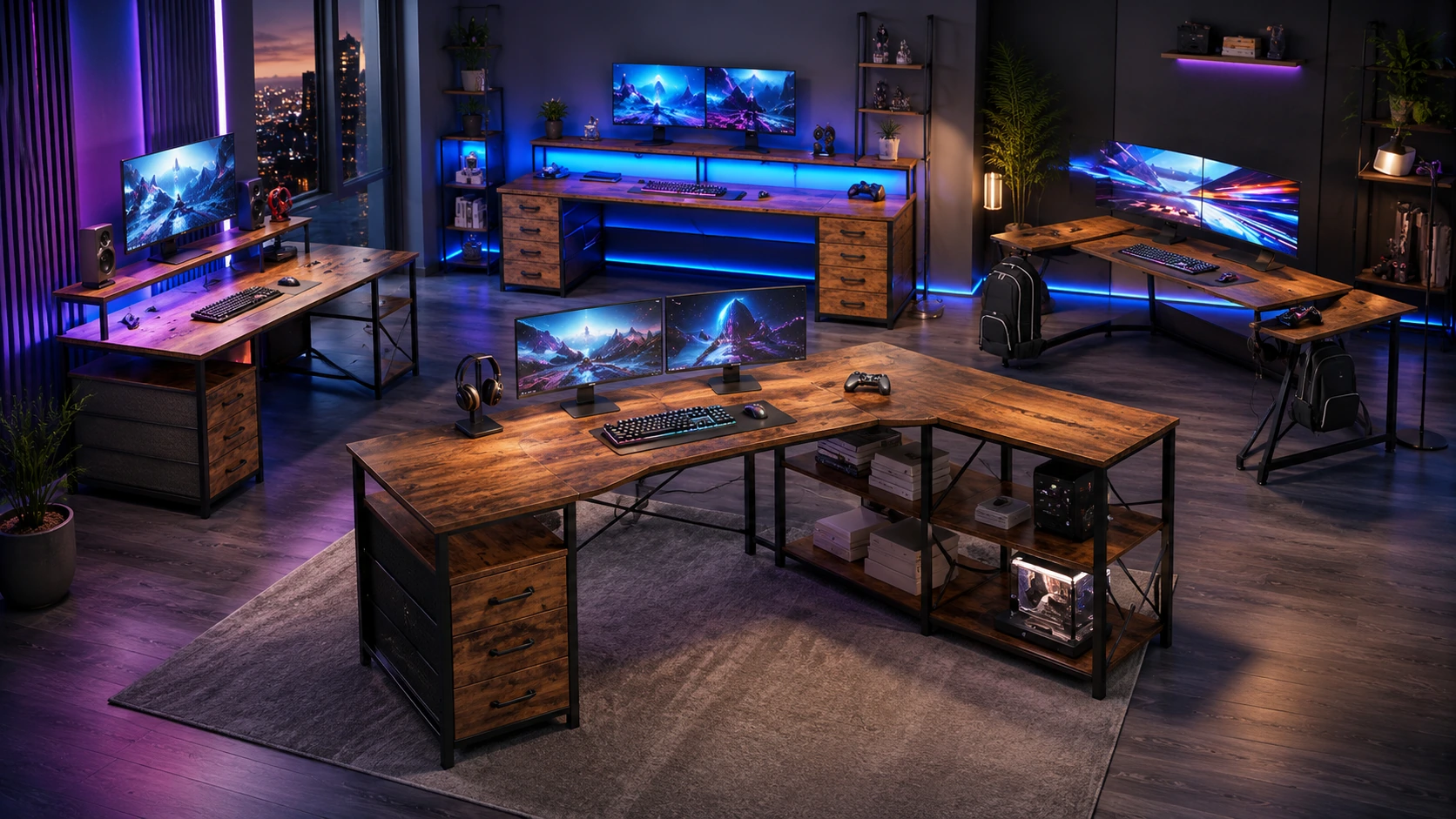 AODK 79" L-Shaped Desk with 5 Drawers, LED Lights and Power Outlets
