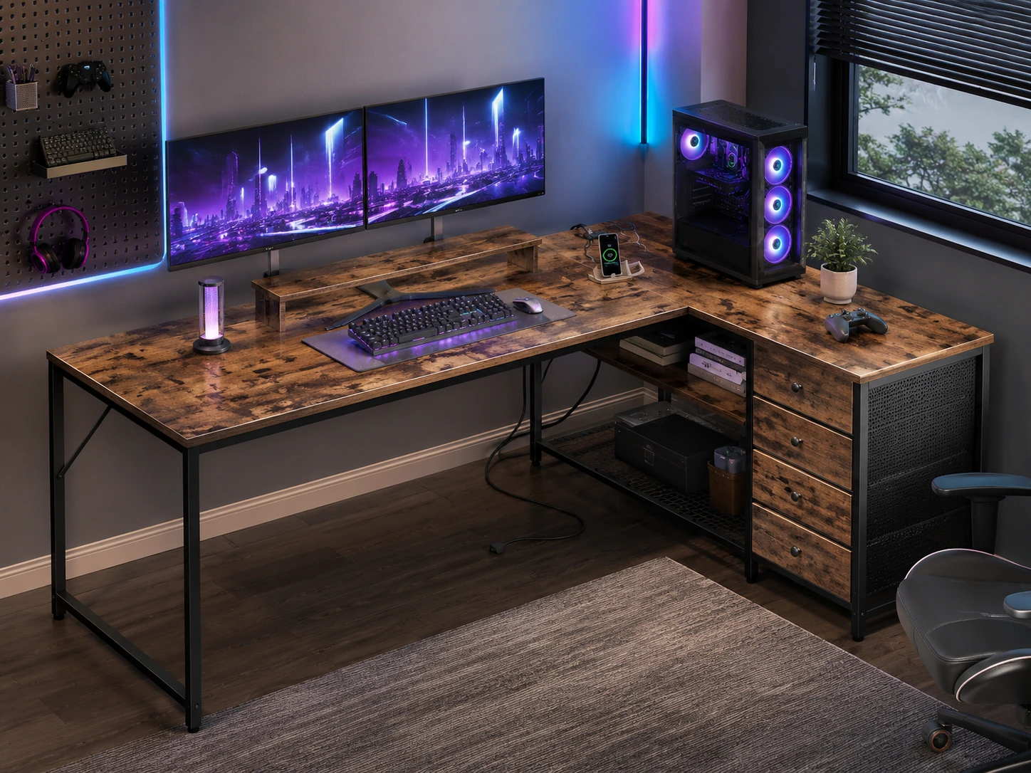 Huuger Gaming Desk with 6 Drawers, LED Lights and Power Outlets
