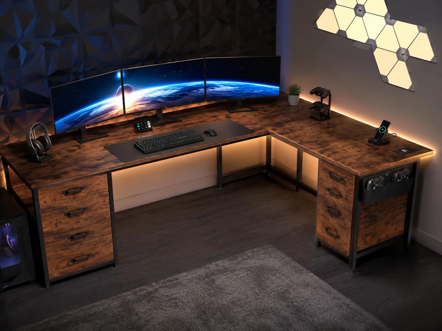 SHW 51"x51" Vista L-Shaped Desk with Monitor Drawer, Rustic Brown