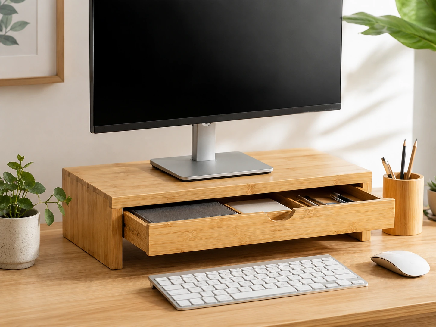 Bamboo Monitor Riser with Drawer