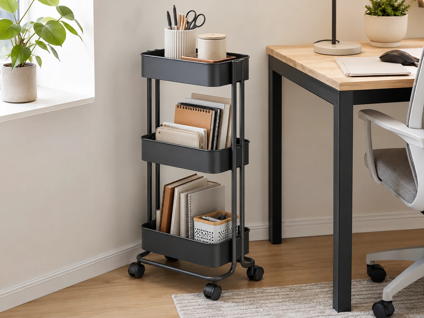 Use a Slim Rolling Cart Beside the Desk