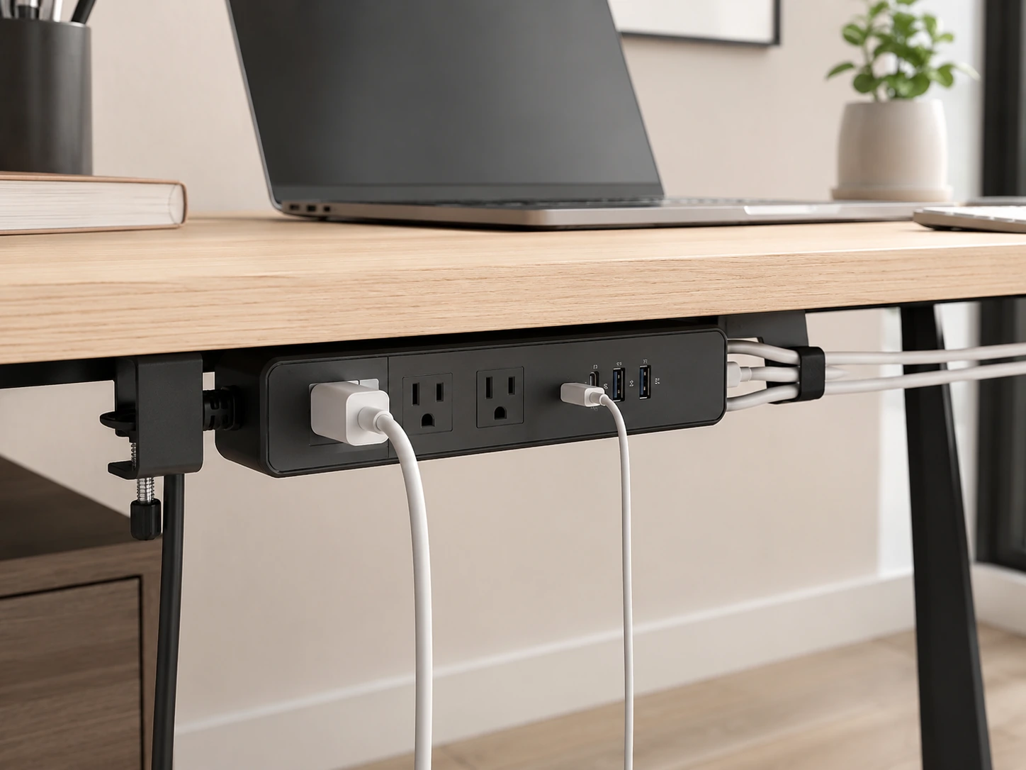 Under-desk cable management setup